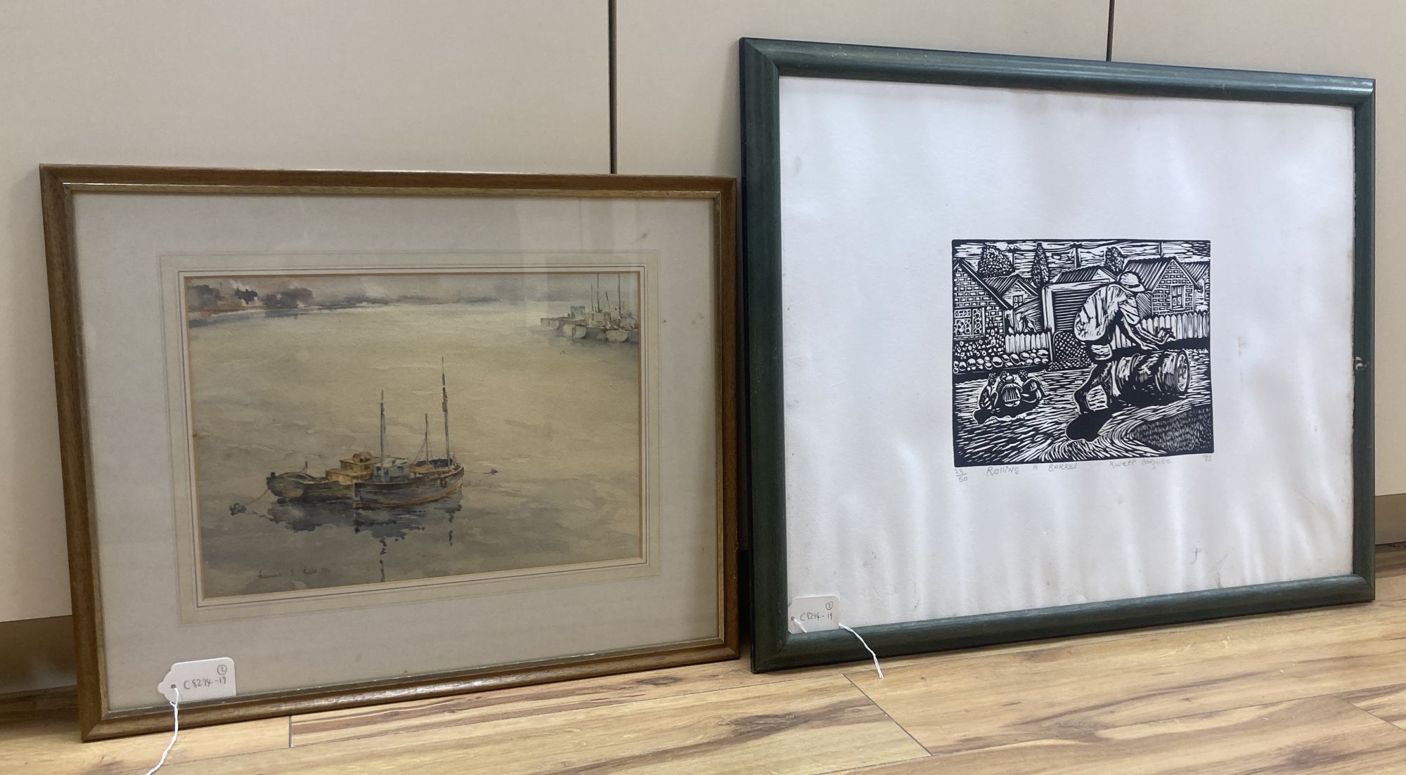 Francis S. Leke, watercolour, Fishing boats at anchor, signed and dated 72, 25 x 36cm, and a linocut by K. Ndzube
